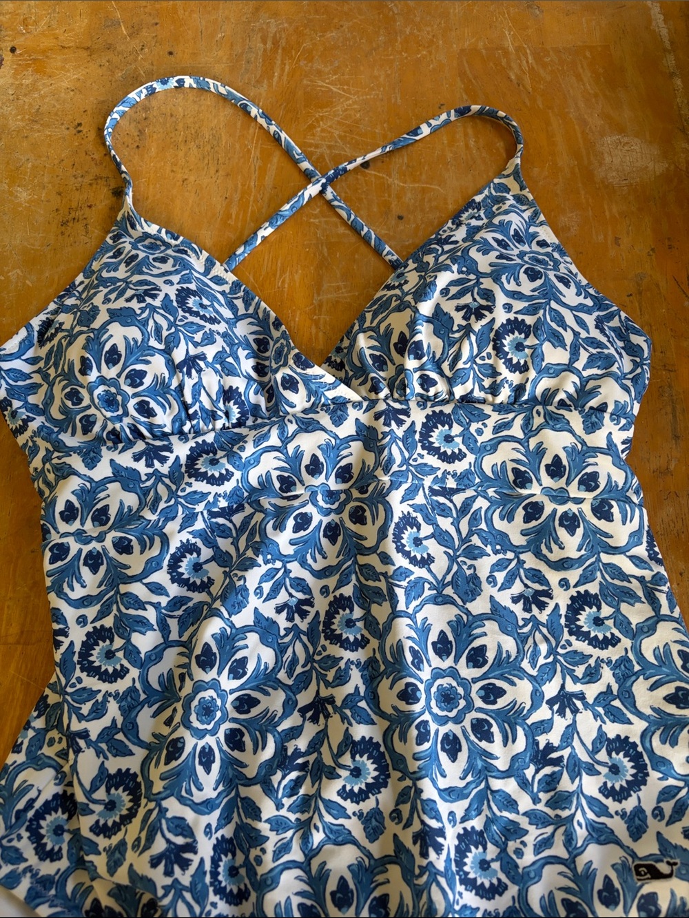 Women’s Blue Floral One-Piece Swimsuit with Crossback Straps, Padded Cups, M - Picture 2 of 11